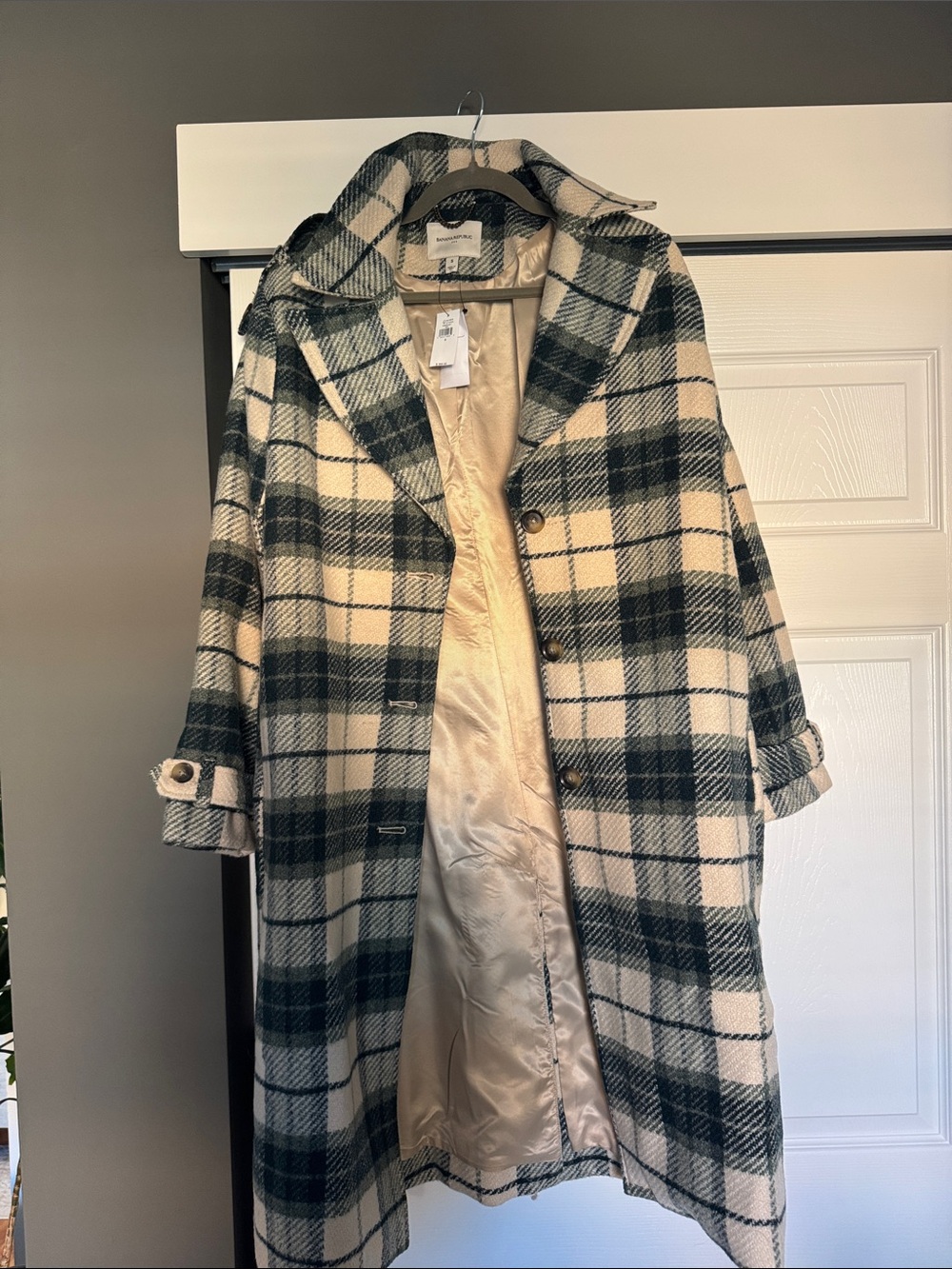 Plaid Wool-Blend Coat in Cream and Dark Green - full length